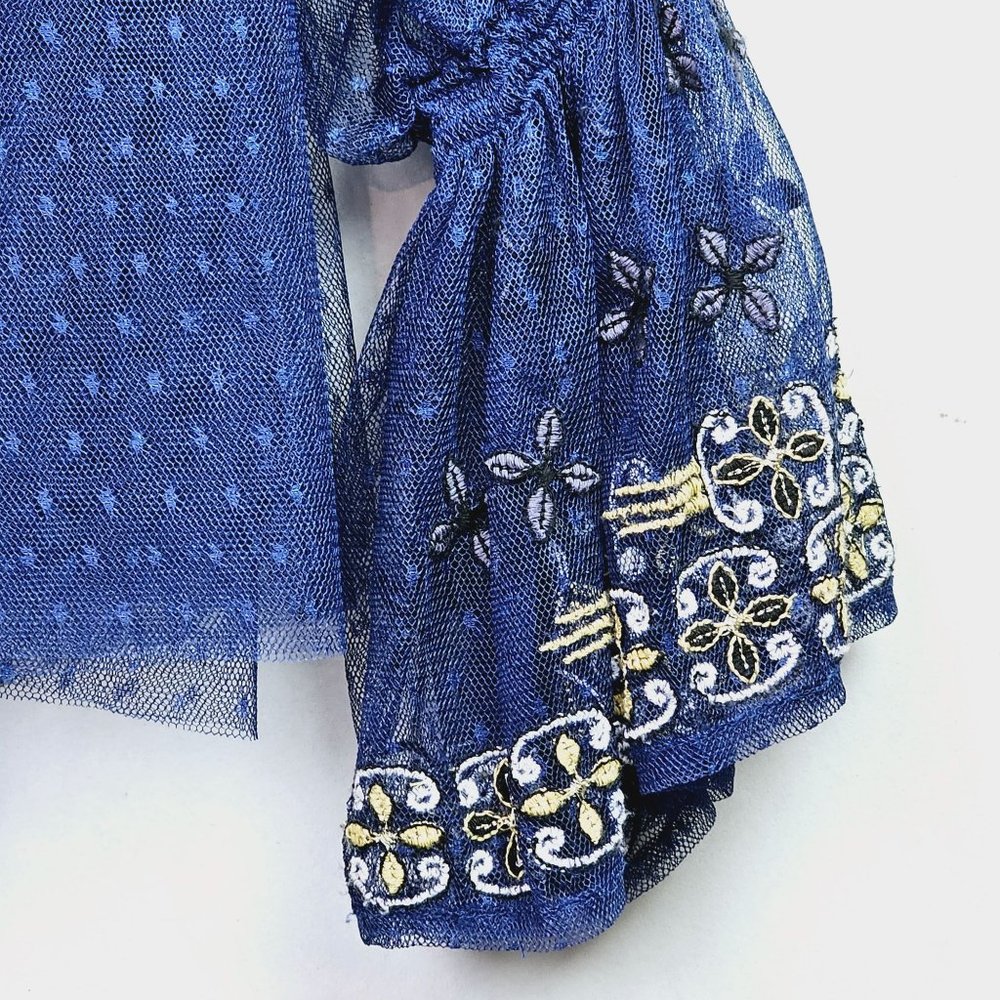 Free People Blue Gold Joy Ride Sheer Embroidered Poet Sleeve Top, Sz M, NWT $148 - Picture 7 of 10